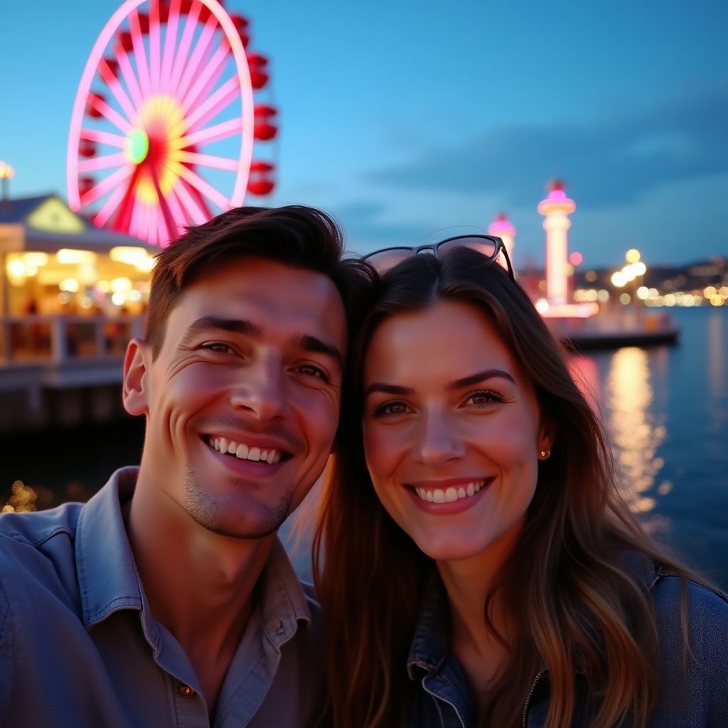 Young couple enjoying Luna Park Sydney